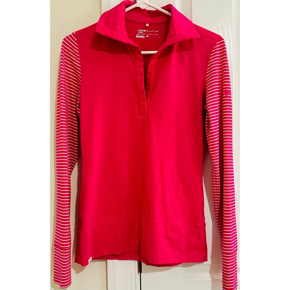 Nike Golf Sport Dri-FIT Pink Striped Long Sleeve Polo Shirt Womens Small